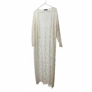 Long Lace Open-Front Duster Jacket - Cream